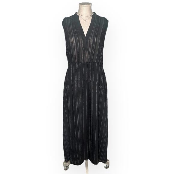 VINCE Draped Pinstripe A-Line Midi Black Dress Striped Coastal Preppy Minimalist - Picture 3 of 15